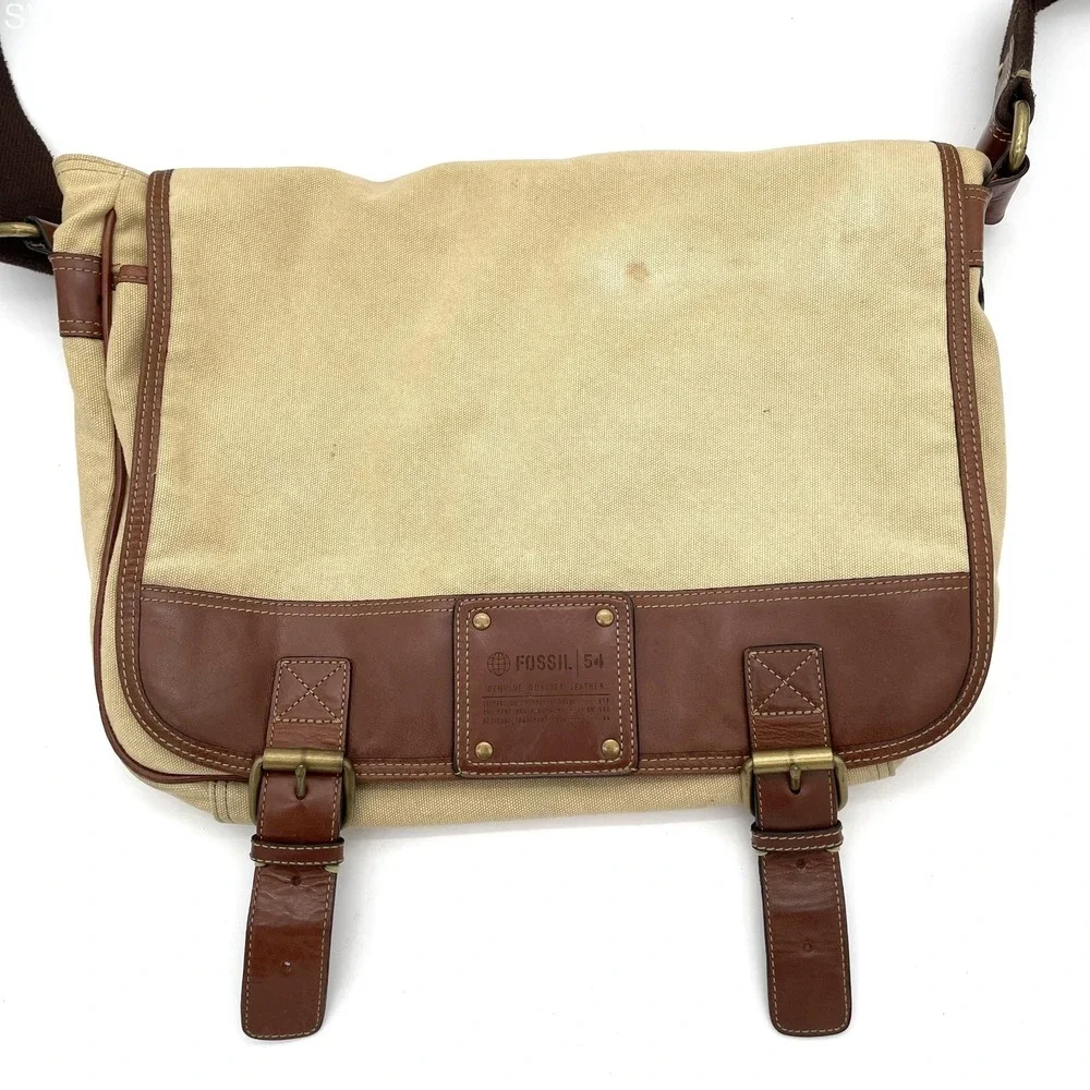 VTG Fossil Cotton Canvas and Leather Oversized Messenger Book Bag Unisex Travel